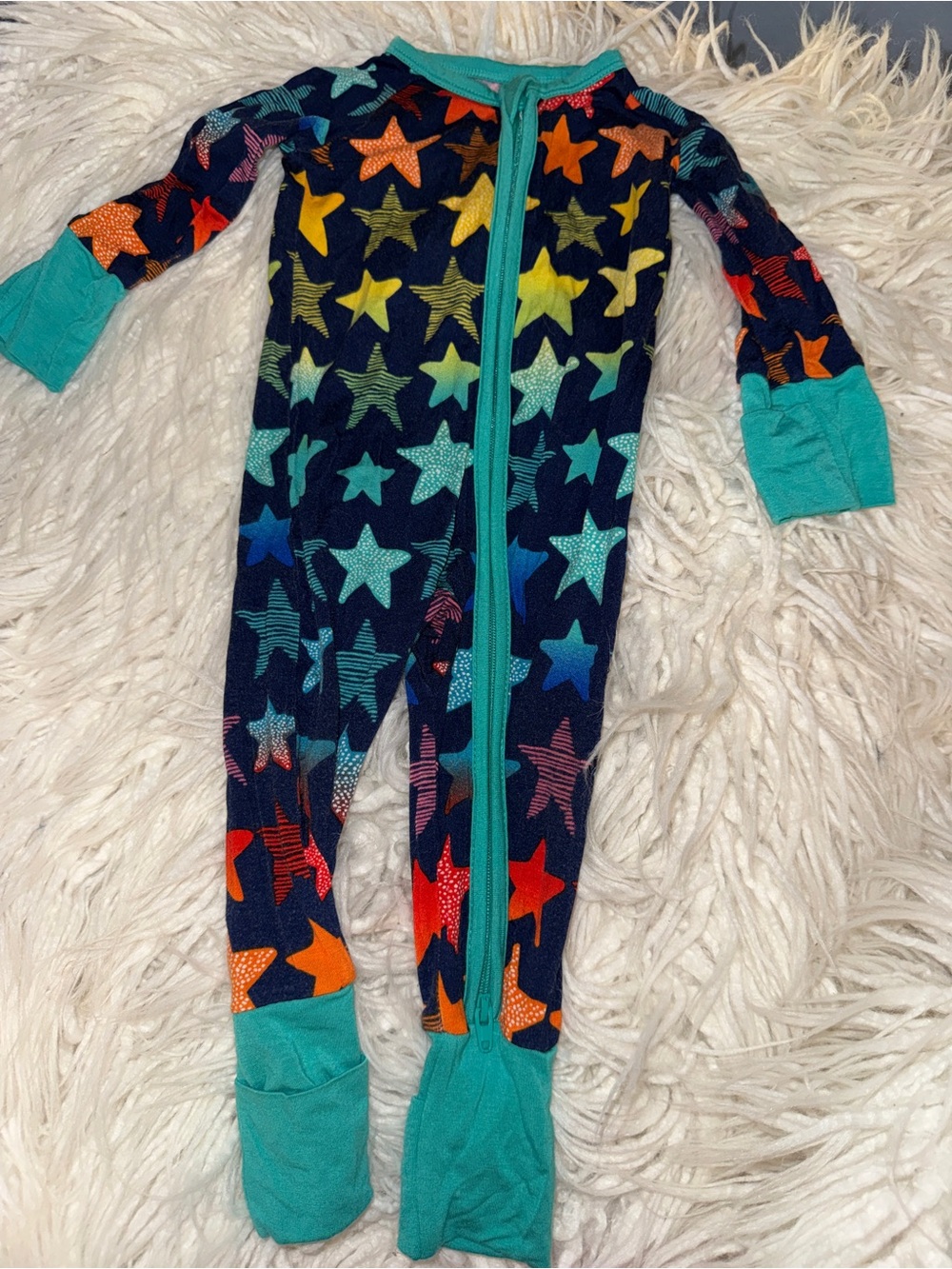 Little Sleepies Navy Star-Print Footed One-Piece with Teal Trim